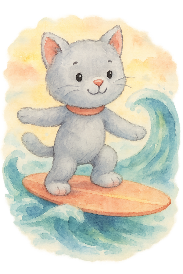 Chat qui fait du surf, style aquarelle