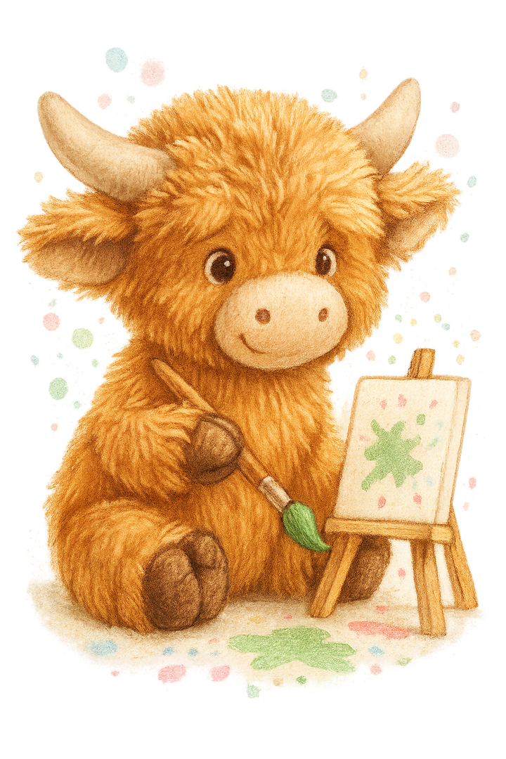 Illustration d'une vache highland en peluche qui peint sur un chevalet