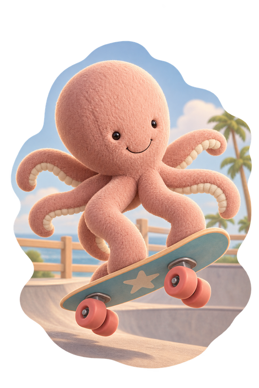 Poulpe sur un skateboard, style relief