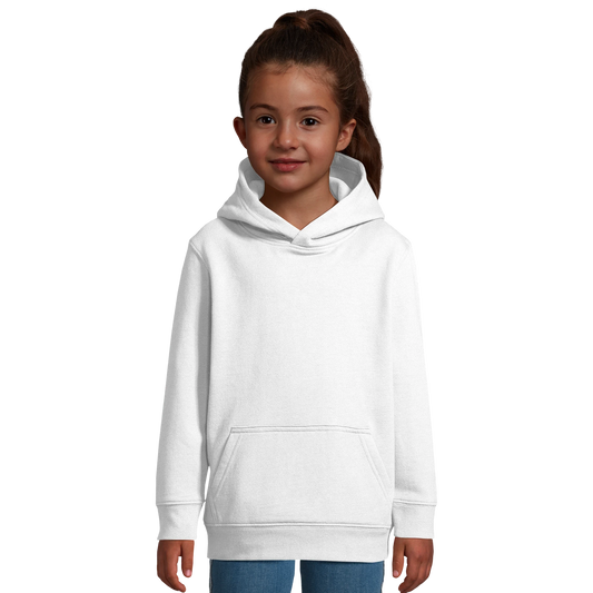 Sweatshirt à capuche blanc enfant personnalisé avec illustration du doudou — cadeau PlushyTales
