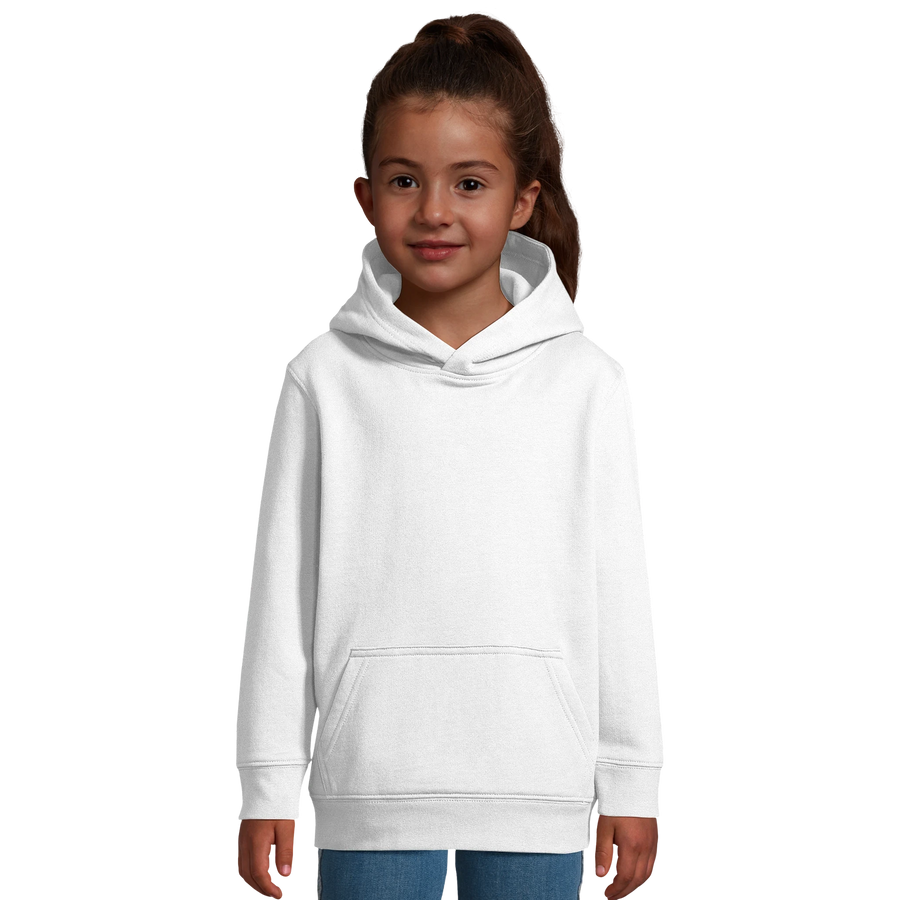Sweatshirt à capuche blanc enfant personnalisé avec illustration du doudou — cadeau PlushyTales