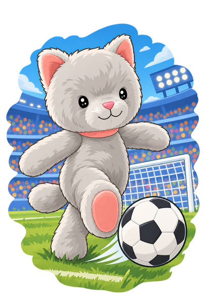 Chat qui joue au foot, style cartoon