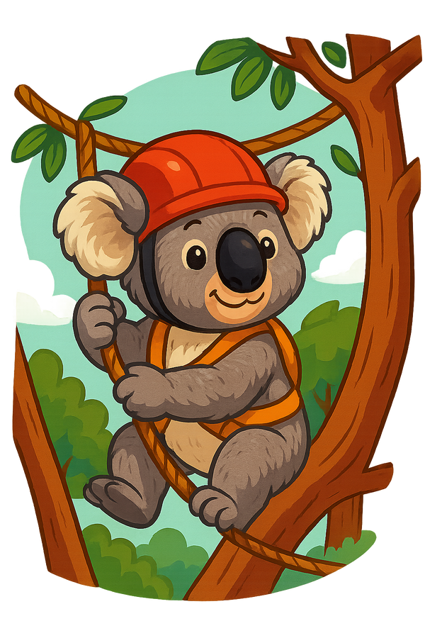 Koala qui fait de l'accrobranche, style cartoon